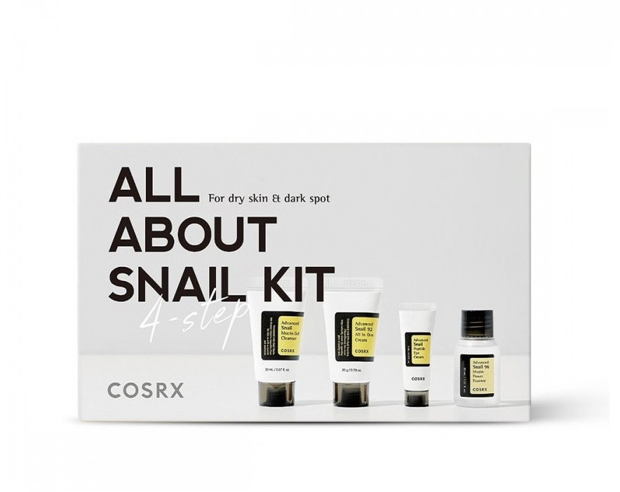 COSRX – All About Snail Kit (4 Items) — Gel Cleanser 20ml + Power Essence 30ml + Peptide Eye Cream 5ml + All In One Cream 20g
